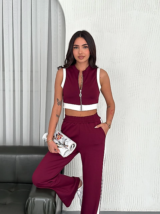 Tam Fermuarlı Crop Pantolon İkili Takım