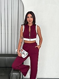 Tam Fermuarlı Crop Pantolon İkili Takım
