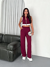 Osy Modal Yumuşak Dokulu Kumaş Tam Fermuarlı Crop Pantolon İkili Takım