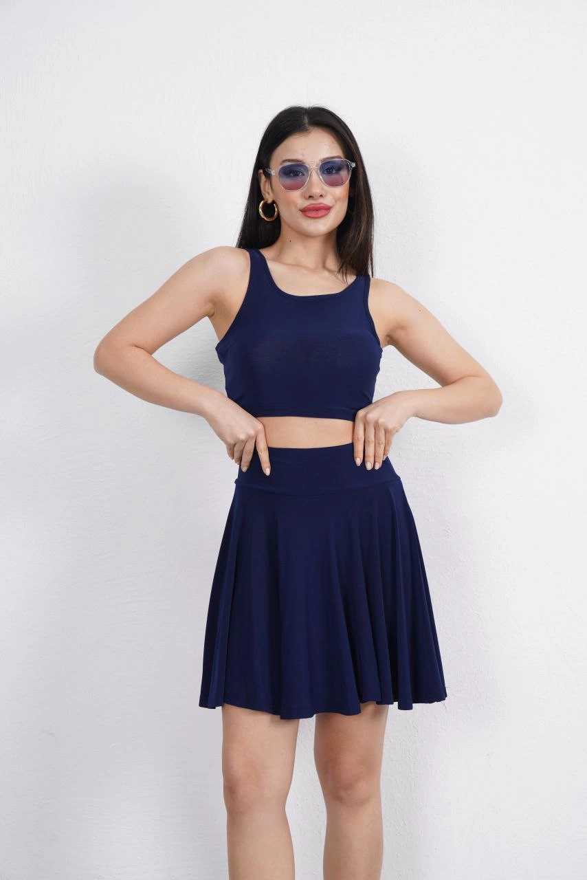 Sendy Kumaş Bisiklet Yaka Crop Şortlu Etek